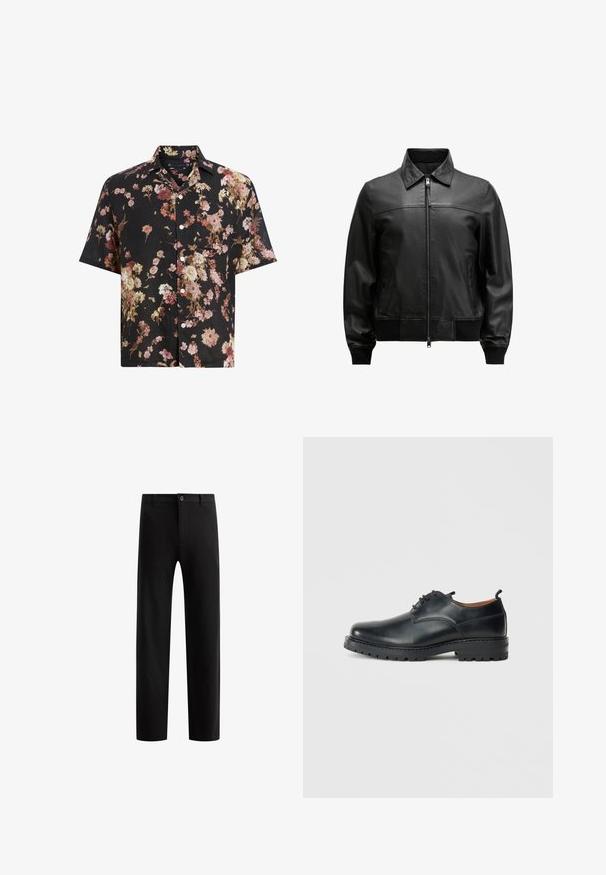 Zwarte leren bomberjack met een ritssluiting aan de voorkant, kraag, ribgebreide manchetten en zoom, en twee zijzakken. Vriendelijke textuur, minimalistisch ontwerp.; Zwart shirt met korte mouwen met een bloemenpatroon in tinten roze, crème en bordeauxrood. Gemaakt van lichtgewicht materiaal met een knoopsluiting.; Zwarte, op maat gemaakte broek met een platte voorkant, rechte pijpen, enkele knoopsluiting en lussen voor een riem, gemaakt van een gladde stof zonder zichtbare patronen.; Zwarte leren derby schoenen met een gladde textuur, ronde neus, vetersluiting en een dikke, robuuste rubberen zool.