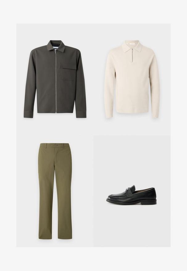 Veste verte foncée à manches longues avec une fermeture éclair à l'avant, un col pointu et une poche à rabat sur la poitrine gauche.; Pull beige à manches longues avec un col et une courte fermeture éclair à l’avant, présenté sur un fond blanc.; Pantalon kaki à jambes droites avec passants de ceinture, fermeture à bouton sur le devant, sans poches visibles, présenté sur un fond blanc.; Mocassins en cuir noir avec une finition lisse, dotés d'une bande supérieure texturée, d'un talon bas et de détails de couture minimalistes.