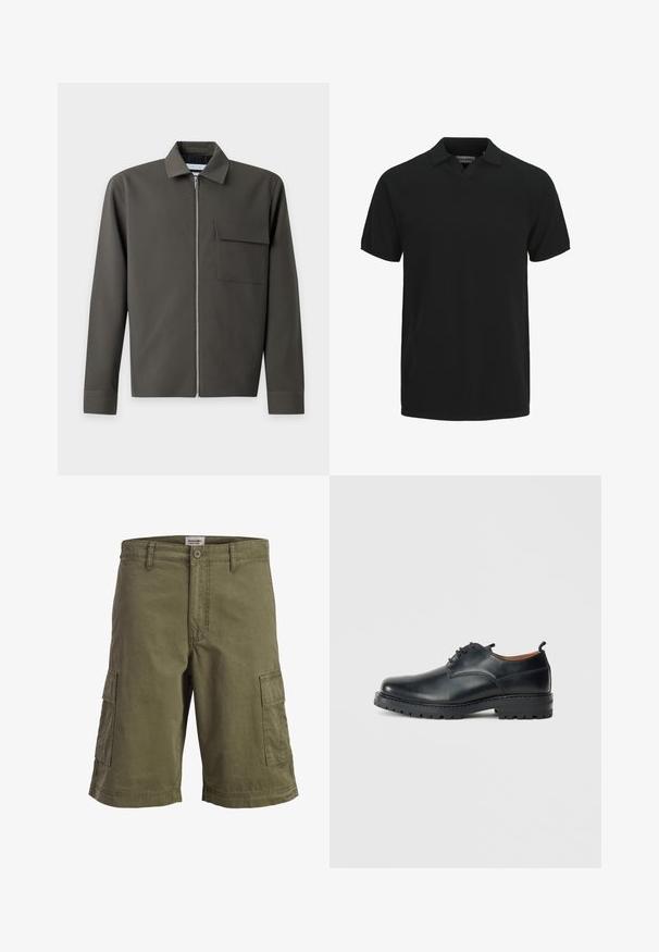 Veste verte foncée à manches longues avec une fermeture éclair à l'avant, un col pointu et une poche à rabat sur la poitrine gauche.; Polo noir à manches courtes avec col et petite ouverture en V, en tissu texturé.; Short cargo vert avec poches latérales, passants de ceinture et fermeture à bouton, présenté sur fond blanc uni.; Chaussures derby en cuir noir avec une texture lisse, bout rond, design à lacets et une semelle en caoutchouc épaisse et robuste.