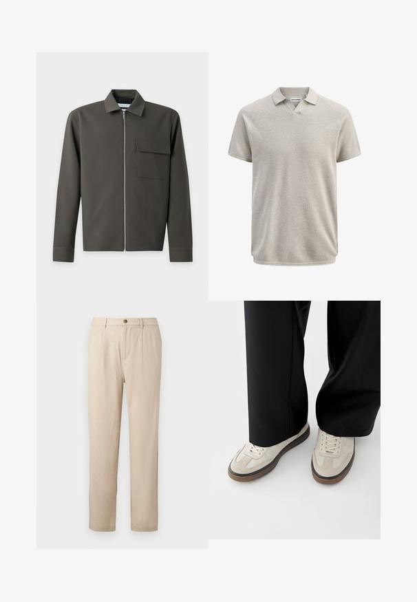 Mørkegrøn jakke med lange ærmer, frontlynlås, spidst krave og en klaplomme på venstre bryst.; Kortærmet beige tekstureret polo med krave og let V-formet halsudskæring, mærket Jack & Jones.; Beige skræddersyede bukser med forreste læg, knaplukning, bæltestropper og lige ben.; Fødder iført beige sneakers med brune såler og sorte bukser med vide ben på hvid baggrund.