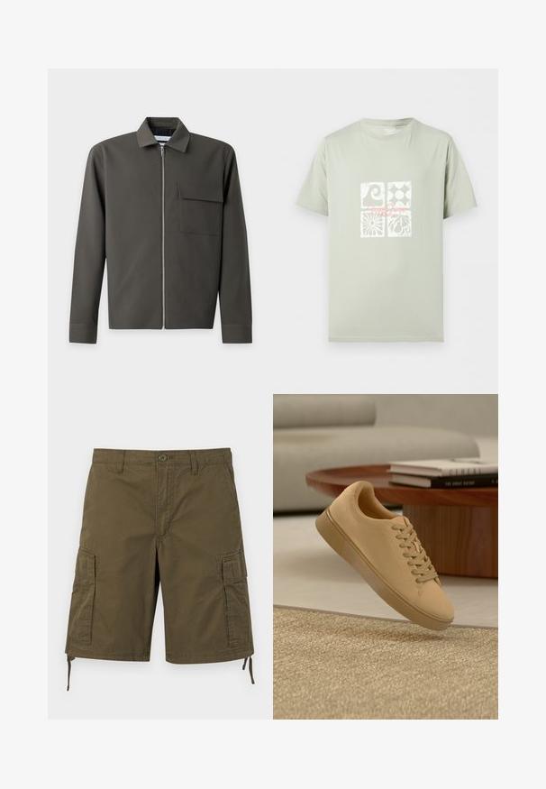 Veste verte foncée à manches longues avec une fermeture éclair à l'avant, un col pointu et une poche à rabat sur la poitrine gauche.; T-shirt vert clair à manches courtes avec quatre carrés graphiques blancs et texte rose en écriture cursive centré sur la poitrine.; Short cargo kaki avec poches latérales à rabat, fermeture à boutons à l'avant, passants pour ceinture et cordons réglables à l'ourlet.; Baskets beiges à lacets flottant au-dessus d'un tapis texturé avec une table basse en bois et des livres empilés en arrière-plan flou.