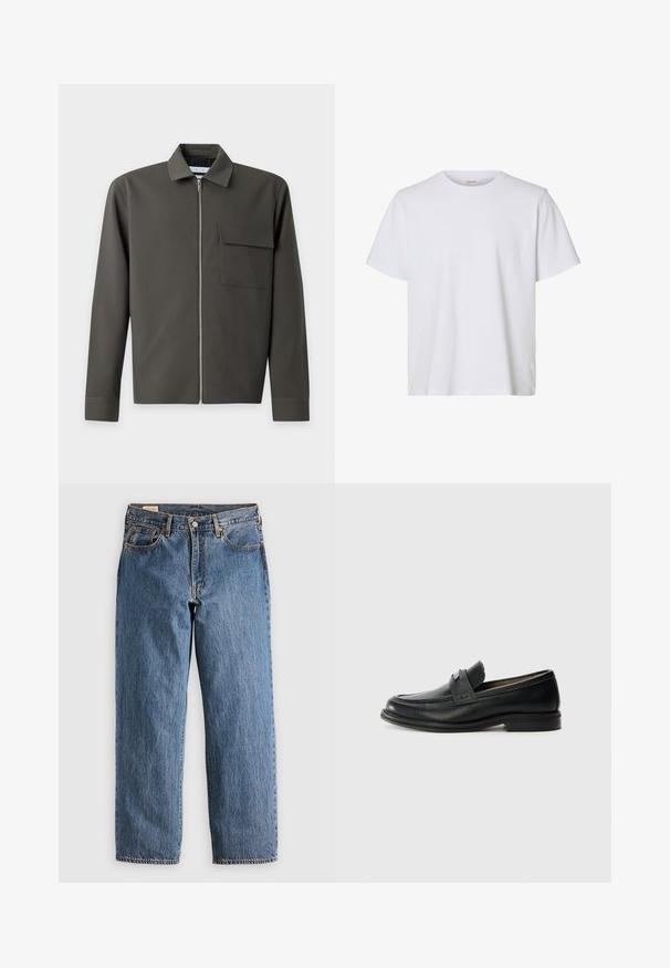 Chaqueta de manga larga verde oscuro con cremallera frontal, cuello puntiagudo y bolsillo con solapa en el pecho izquierdo.; Camiseta blanca lisa de manga corta con cuello redondo, ajuste regular y textura de tela suave, presentada sobre un fondo blanco.; Jeans de mezclilla azul con un corte recto, que cuentan con una cintura alta, remaches de cobre y costuras naranjas. Incluyen bolsillos delanteros y traseros.; Mocasines de cuero negro con un acabado suave, que presentan una banda superior texturizada, tacón bajo y detalles de costura mínimos.