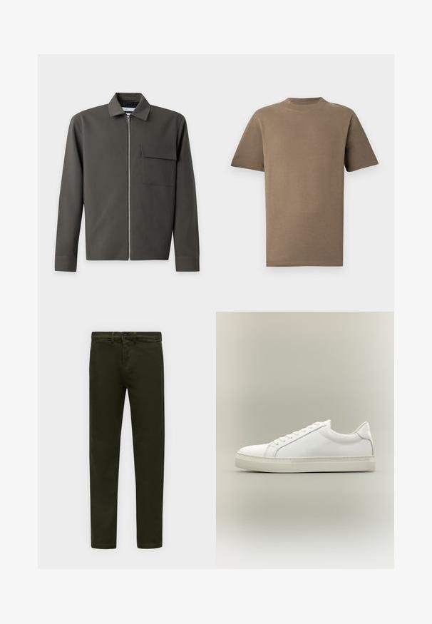 Veste verte foncée à manches longues avec une fermeture éclair à l'avant, un col pointu et une poche à rabat sur la poitrine gauche.; T-shirt en coton marron à manches courtes, col rond et coupe droite. Texture lisse, coutures minimales et pas de logos visibles.; Pantalon slim vert foncé avec fermeture par bouton et zip, passants de ceinture et poches avant, présenté sur un fond clair uni.; Baskets blanches basses à lacets sur l’avant et semelle épaisse, vues de côté sur un fond neutre.