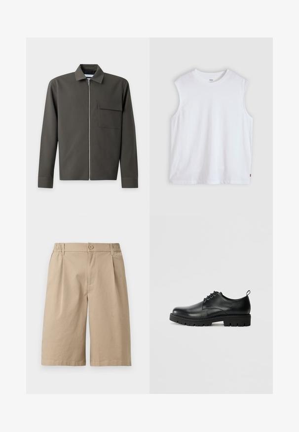 Veste verte foncée à manches longues avec une fermeture éclair à l'avant, un col pointu et une poche à rabat sur la poitrine gauche.; T-shirt blanc sans manches à col rond avec une petite étiquette logo Levi's sur la couture latérale, présenté sur un fond clair uni.; Short beige longueur genou avec fermeture à bouton, passants de ceinture et côtés élastiques sur fond blanc uni.; Chaussure en cuir noir à bout arrondi, présentant un design à lacets, une semelle en caoutchouc noire robuste et un petit onglet de talon à l'arrière.
