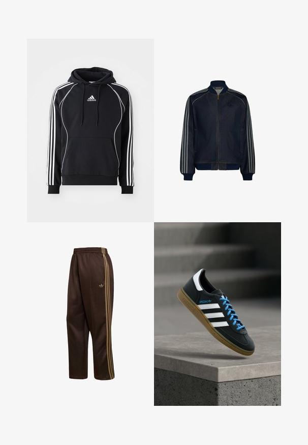 Donkerblauwe trainingsjas met ritssluiting, geribde kraag en manchetten, met drie lichtgrijze strepen langs elke mouw.; Zwarte Adidas hoodie met witte strepen op de mouwen, witte piping aan de voorkant, een voorvak en een capuchon met trektouw.; Bruine Adidas trainingsbroek met elastische tailleband en gouden drie-strepen details langs de zijkanten, met het Adidas trefoil-logo op één been.; Zwarte Adidas-sneaker met witte strepen, blauwe veters en een gumzool die boven een grijze betonnen trede zweeft in zacht licht.