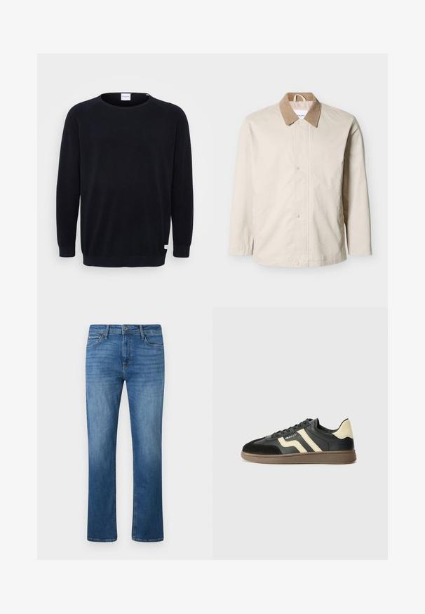 Beige lichtgewicht jack met een beige corduroy kraag, voorzijde met drukknoopsluiting en lange mouwen op een witte achtergrond.; Zwart gebreid sweater met een ronde halslijn en lange raglanmouwen. Heeft ribgebreide boorden en zoom, textuurstof en een klein label aan de zoom.; Blauwe rechte jeans met een knoop en ritssluiting aan de voorkant, vijf zakken en lichte vervaging op de dijen, tegen een effen lichte achtergrond.; Zwarte en beige sneaker met een glad leren bovenwerk, suede bij de neus, en een gestructureerde bruine rubberen zool. Heeft contrasterende strepen.