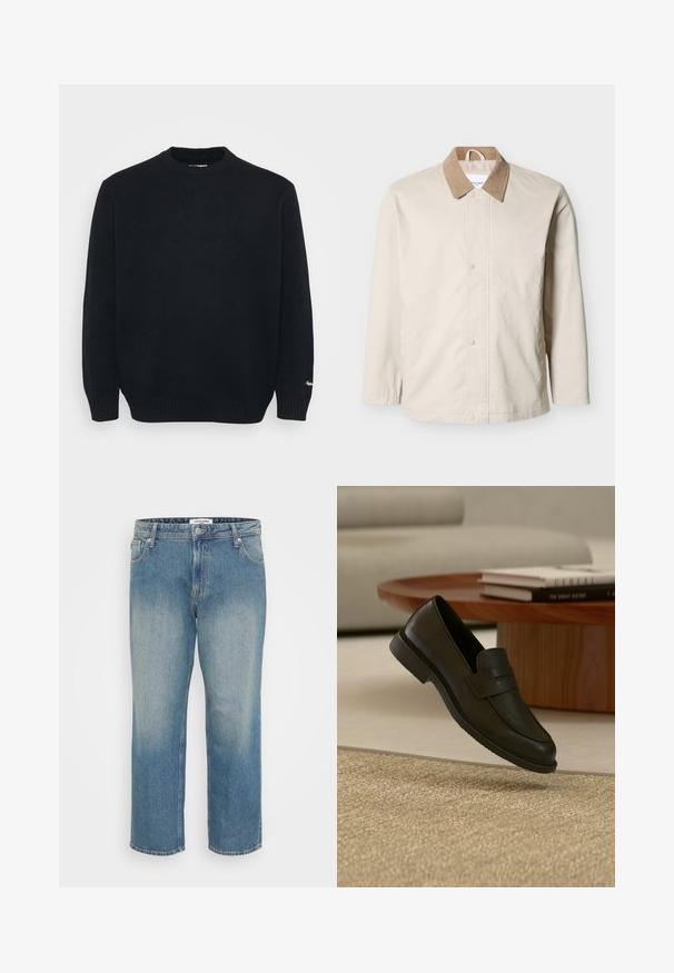 Beige letvægtsjakke med tan fløjlskrave, trykknapper foran og lange ærmer på hvid baggrund.; Sort strikket crewneck sweater med lange ærmer og ribbede manchetter og kant, præsenteret på en ensfarvet lys baggrund.; Blå straight-leg jeans i denim med falmet front, fem-lomme design, knap- og lynlås lukning samt bæltestropper.; Sort læderloafer vist i luften over en beige vævet tæppe, med et træbord og stablede bøger i et blødt oplyst stue.