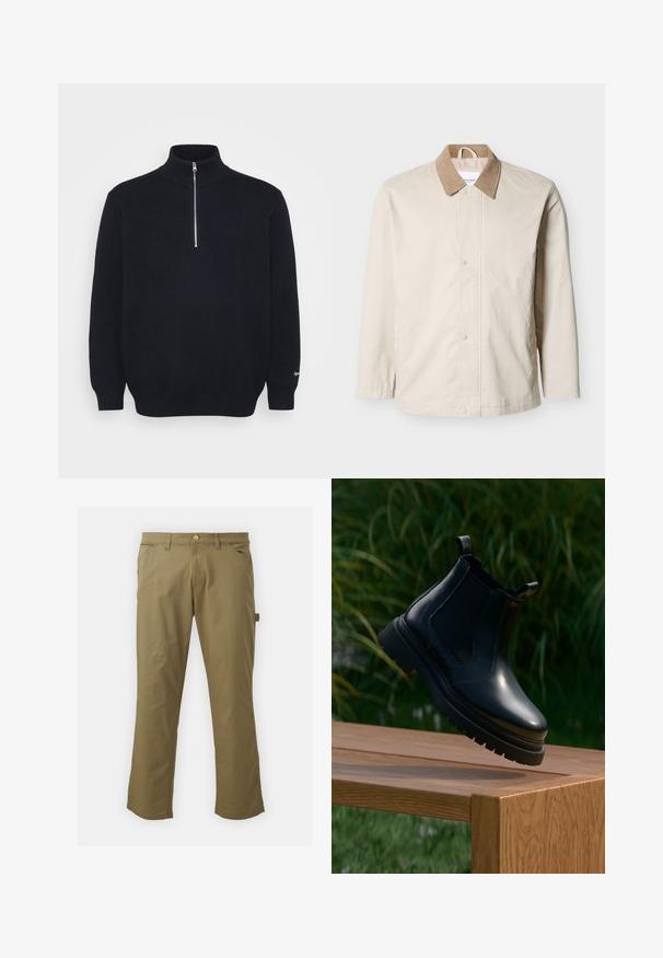 Beige letvægtsjakke med tan fløjlskrave, trykknapper foran og lange ærmer på hvid baggrund.; Sort striktrøje med høj krave, halv lynlås, ribbede manchetter og en fin tekstur. Elastisk materiale med en glat overflade.; Kaki bukser lavet af glat stof, med knaplukning, bæltestropper, to forlommer og en sidelomme, i lige ben design.; Sorte læder chelsea-støvler med rund tå, tyk gummisål og elastiske sidepaneler, præsenteret på en træoverflade med grønne planter i baggrunden.