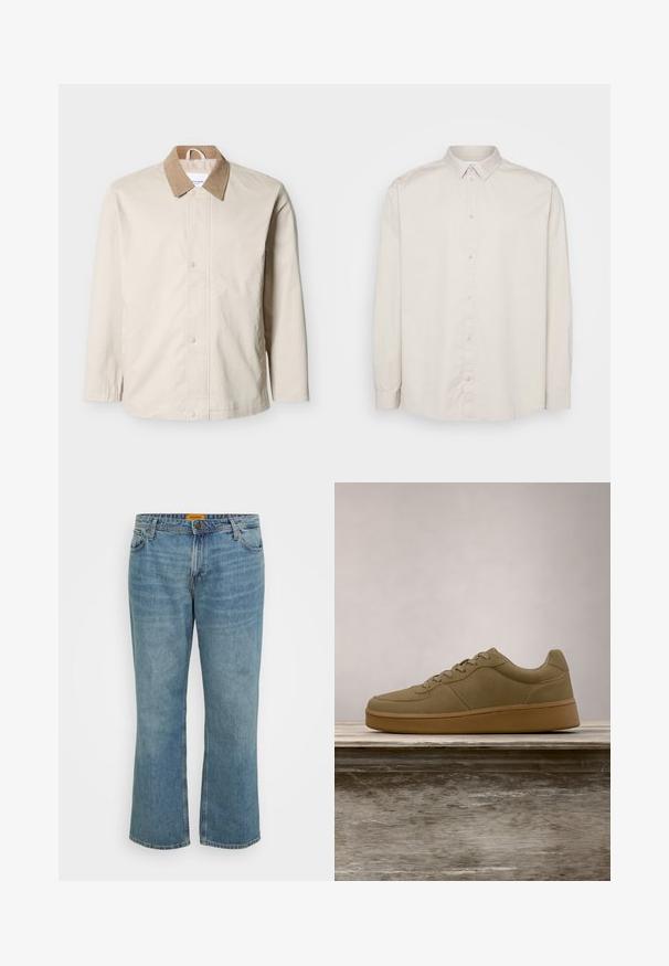Chaqueta ligera beige con cuello de pana color tostado, botones de presión frontales y mangas largas sobre un fondo blanco.; Camisa de manga larga abotonada en algodón beige claro. Presenta un collar clásico, frente con botones completo y puños con botones. Textura suave.; Jeans de mezclilla en azul claro con corte recto, cinco bolsillos, costura visible y bragueta con cremallera. La etiqueta es amarilla en la parte interior de la cinturilla.; Zapatilla de color verde oliva con cordones flotando sobre un banco de madera, con follaje verde desenfocado en el fondo.