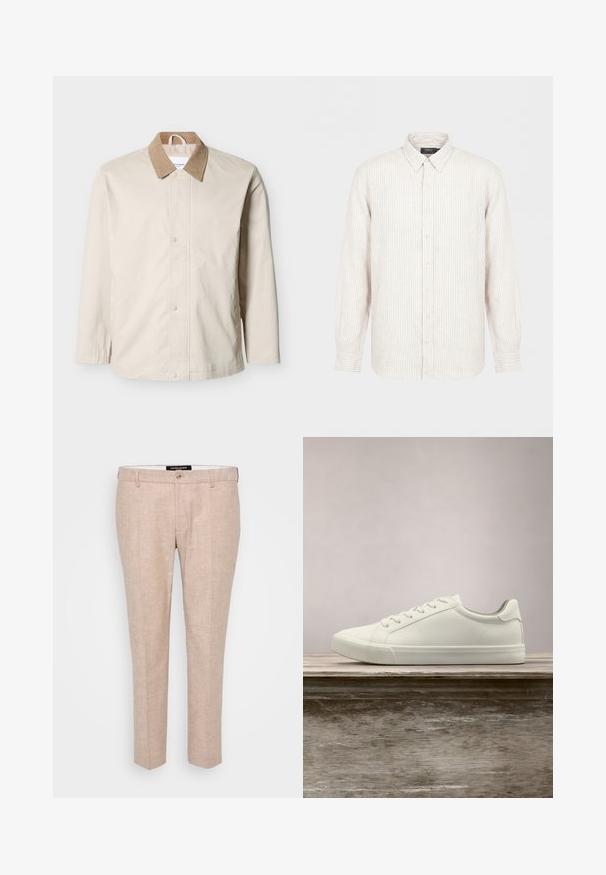 Beige letvægtsjakke med tan fløjlskrave, trykknapper foran og lange ærmer på hvid baggrund.; Langærmet beige skjorte med hvide lodrette striber, knapper foran, klassisk krave og manchetter med knapper.; Lys beige bukser lavet af en blanding af linned, med flad front, bæltestropper og en enkelt knaplukning. Skræddersyet lige ben-design.; Hvide snørresneakers svævende over en træbænk med grønne planter i baggrunden, der fremhæver skodesign og tekstur.