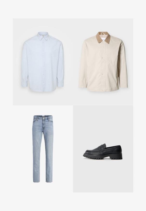 Chaqueta ligera beige con cuello de pana color tostado, botones de presión frontales y mangas largas sobre un fondo blanco.; Camisa de botones de manga larga en azul claro, fabricada en una tela suave, con un cuello clásico y un corte recto, con botones en la parte delantera.; Vaqueros de mezclilla azul claro de corte recto, con bolsillos delanteros, trabillas para cinturón, cierre de botón y detalles sutiles de desgaste.; Mocasines de cuero negro con punta redondeada, que presentan una correa decorativa y una suela de goma gruesa con surcos profundos para mayor tracción.