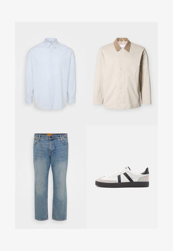Chaqueta ligera beige con cuello de pana color tostado, botones de presión frontales y mangas largas sobre un fondo blanco.; Camisa de botones de manga larga en azul claro, fabricada en una tela suave, con un cuello clásico y un corte recto, con botones en la parte delantera.; Jeans de mezclilla azul claro con corte recto, que cuentan con cinco bolsillos, cierre de botón y etiqueta de la marca naranja en la cintura.; Zapatilla blanca con acentos en negro y gris, que presenta una puntera texturizada en gris, suela de goma negra y cordones planos blancos. Diseño limpio, estilo minimalista.