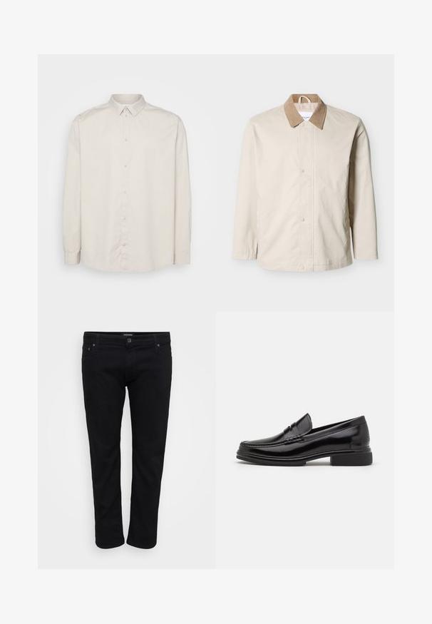Veste légère beige avec col en velours côtelé beige, boutons-pression à l'avant, et manches longues sur fond blanc.; Chemise à manches longues en coton beige clair. Dotée d'un col classique, d'une fermeture à boutons sur toute la longueur et de poignets à boutons. Texture lisse.; Jeans en denim noir avec une coupe droite, dotés d'un design classique à cinq poches, d'une couture robuste et d'une fermeture à bouton.; Mocassins en cuir noir avec un embout arrondi, présentant un détail cousu sur le dessus, et un petit talon carré. Texture lisse et finition brillante.