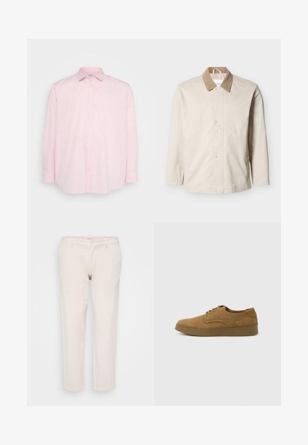 Beige letvægtsjakke med tan fløjlskrave, trykknapper foran og lange ærmer på hvid baggrund.; Lyserød skjorte med lange ærmer, standard krave og hvide knapper fortil, lavet af glat bomuldsstof.; Beige bomuldsbukser med lige pasform, der har knaplukning, bæltestropper og ingen synlige mønstre eller teksturer.; Brun ruskindslærredsko med snørebånd og flad gummisål, set fra siden på en ensfarvet lys baggrund.