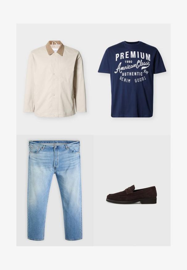 Veste légère beige avec col en velours côtelé beige, boutons-pression à l'avant, et manches longues sur fond blanc.; T-shirt bleu marine à manches courtes avec texte blanc : "PREMIUM 1990 American Classic Authentic Denim Goods" sur le devant.; Jean en denim bleu clair avec détails délavés, fermeture frontale par bouton et fermeture éclair, passants pour ceinture et design à cinq poches.; Mocassins en daim marron avec une silhouette basse et un embout arrondi. Présentent une sangle décorative sur le dessus, une semelle en caoutchouc plate et sans couture visible.