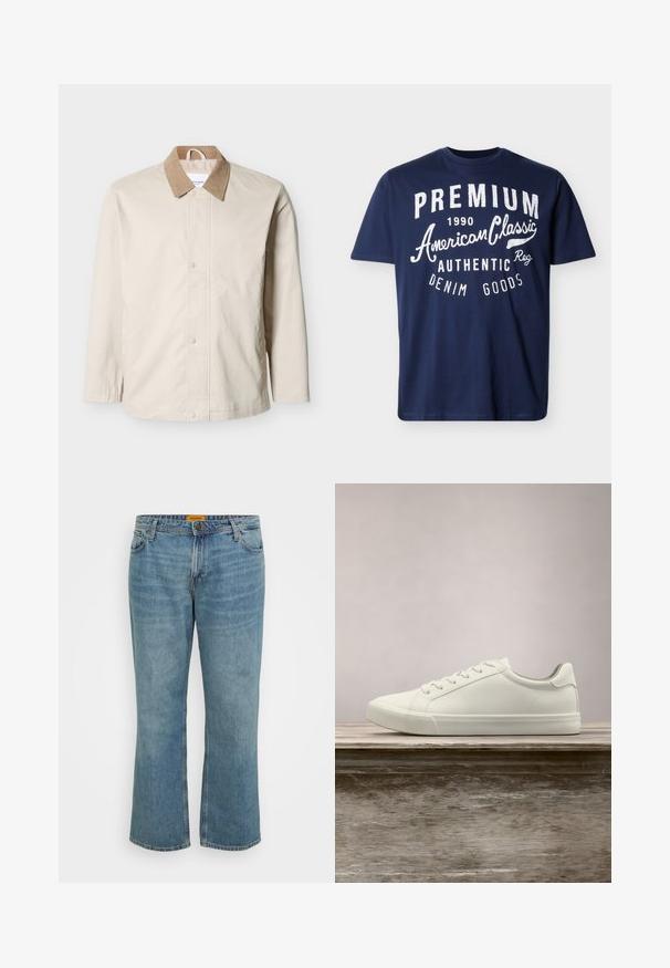 Chaqueta ligera beige con cuello de pana color tostado, botones de presión frontales y mangas largas sobre un fondo blanco.; Camiseta de manga corta azul marino con texto blanco: "PREMIUM 1990 American Classic Authentic Denim Goods" en el frente.; Jeans de mezclilla en azul claro con corte recto, cinco bolsillos, costura visible y bragueta con cremallera. La etiqueta es amarilla en la parte interior de la cinturilla.; Zapatilla blanca con cordones flotando sobre un banco de madera con follaje verde al fondo, mostrando el diseño y la textura del zapato.