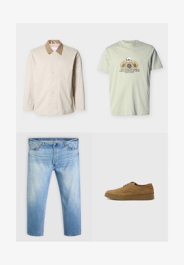 Veste légère beige avec col en velours côtelé beige, boutons-pression à l'avant, et manches longues sur fond blanc.; T-shirt vert clair avec un motif de crâne au-dessus de trois tournesols, accompagné du texte « JACK & JONES WORLDWIDE » en dessous.; Jean en denim bleu clair avec détails délavés, fermeture frontale par bouton et fermeture éclair, passants pour ceinture et design à cinq poches.; Chaussure décontractée à lacets en daim marron avec semelle en caoutchouc plate, vue de côté sur un fond clair uni.