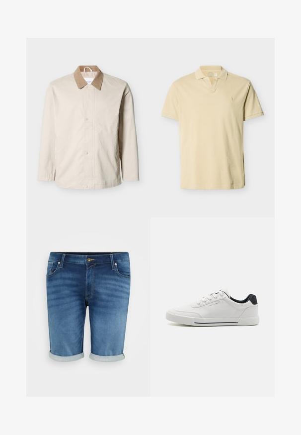 Beige letvægtsjakke med tan fløjlskrave, trykknapper foran og lange ærmer på hvid baggrund.; Beige polo skjorte med korte ærmer, ribbet krave, V-formet udskæring og diskret broderet logo på venstre bryst.; Denim shorts i mellemblå med en let fading, der har knappelukning, fem lommer og opsmøgte kanter for et afslappet look.; Hvide sneakers med en glat syntetisk overdel, rund tå, snørebåndsdesign, marineblå accent på hælen og en tekstureret gummisål med en sort stribe.