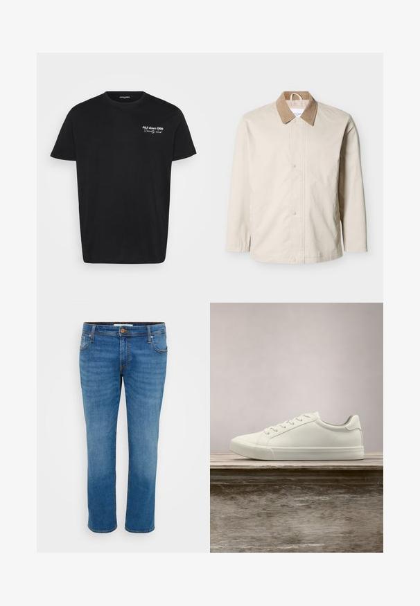 Beige lichtgewicht jack met een beige corduroy kraag, voorzijde met drukknoopsluiting en lange mouwen op een witte achtergrond.; Zwarte T-shirt met korte mouwen en ronde hals, met witte tekst "J&J sinds 1990 Society club" op de linkerborst.; Blauwe spijkerbroek met een recht model, vijf zakken en contrasterende stiksels. Voorzien van een knoopsluiting en riemlussen langs de tailleband.; Witte vetersneaker die boven een houten bank zweeft met groene bladeren op de achtergrond, waarbij het ontwerp en de textuur van de schoen worden getoond.