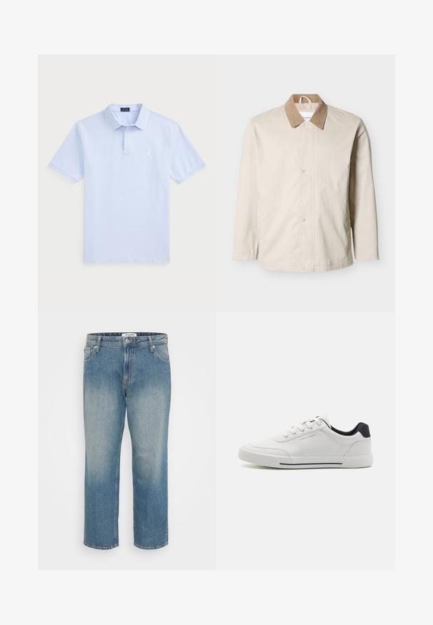 Beige letvægtsjakke med tan fløjlskrave, trykknapper foran og lange ærmer på hvid baggrund.; Lyseblå bomulds polo T-shirt med korte ærmer, klassisk krave, hvide detaljer og et lille logo på venstre bryst.; Blå straight-leg jeans i denim med falmet front, fem-lomme design, knap- og lynlås lukning samt bæltestropper.; Hvide sneakers med en glat syntetisk overdel, rund tå, snørebåndsdesign, marineblå accent på hælen og en tekstureret gummisål med en sort stribe.