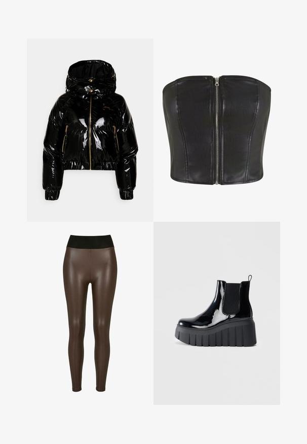 Versace Jeans Couture VARNISH COATED - Dunjakker - black; Sort læderkorsettop med en struktureret pasform. Indeholder en central sølv lynlås og syninger langs bodicen. Glat tekstur.; Brune faux læder leggings med en høj sort talje, der har en glat, blank finish og en tætsiddende design til anklerne.; Sort lakeret ankelsko med elastiske sidepaneler, chunky platformsål og en løkke til at trække i bagpå. Glat tekstur og slankt design.