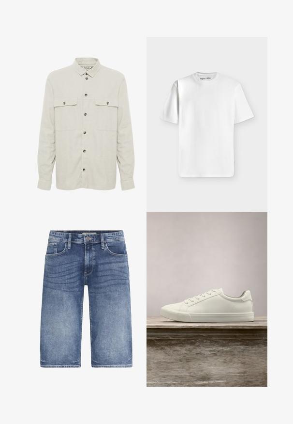 Solid SDALLAN OVERSHIRT LINEN MIX - Letná bunda - off white; Jednoduché biele tričko s krátkym rukávom a okrúhlym výstrihom položené na rovnej ploche na svetlosivom pozadí s malou značkovou nálepkou vo výstrihu.; Džínsové šortky vo svetlom modrom odtieni, s klasickým strihom a piatimi vreckami, s gombíkovým zapínaním a jemným zosvetlením materiálu pre textúru.; Biele šnurovacie tenisky sa vznášajú nad drevenou lavicou so zeleným porastom v pozadí, predvádzajúc design a textúru topánok.