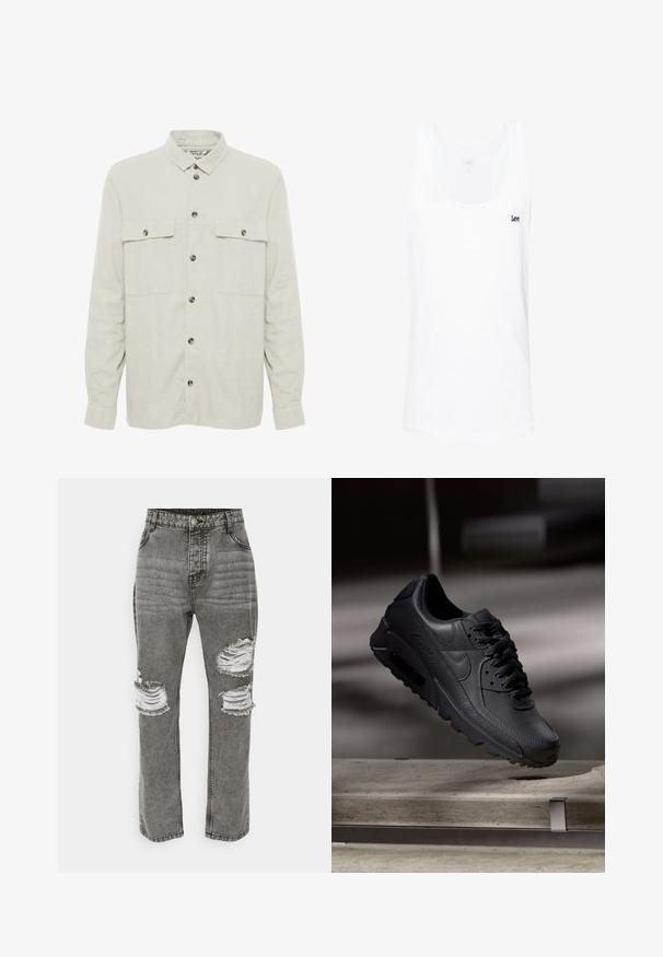 Solid SDALLAN OVERSHIRT LINEN MIX - Veste légère - off white; Débardeur en coton blanc avec un col rond, sans manches, et un petit logo navy "Lee" sur la zone gauche de la poitrine.; Brave Soul MJN PILOTGRY - Jean slim - grey wash; Baskets noirs Nike Air Max avec un dessus en cuir texturé, semelle en caoutchouc et un système de laçage proéminent, mettant en avant un design moderne et épuré.