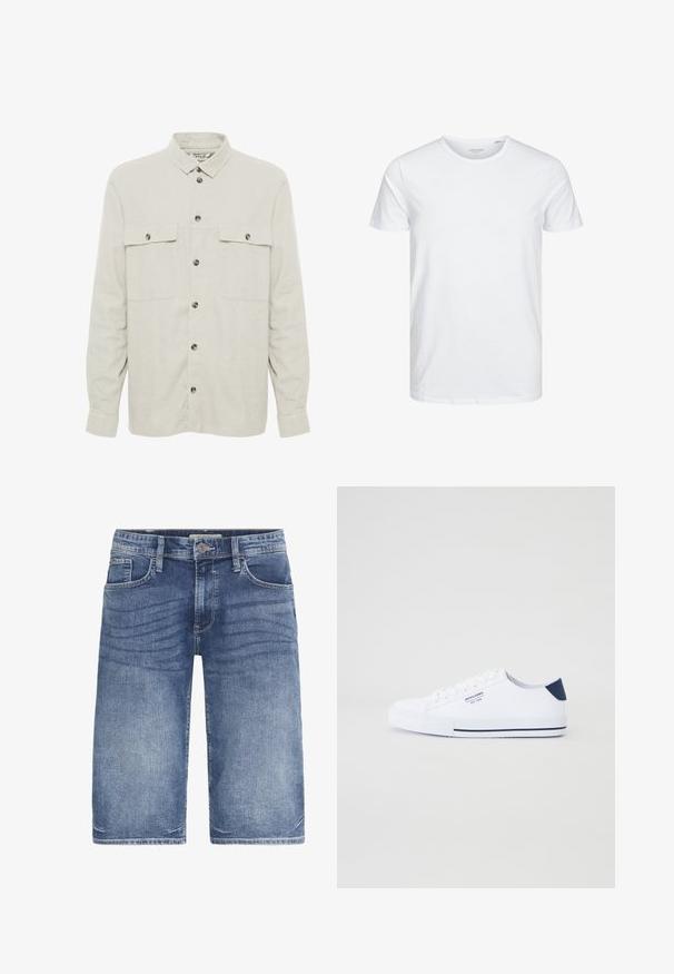 Solid SDALLAN OVERSHIRT LINEN MIX - Veste légère - off white; T-shirt à col rond à manches courtes de couleur blanche unie, fabriqué en coton doux, avec un design simple sans motifs ni accents visibles.; Shorts en denim bleu clair, avec une coupe classique, cinq poches, fermeture à bouton et un léger dégradé sur le tissu pour une texture.; Baskets en toile blanches avec un accent de talon marine, semelle en caoutchouc plate, bout rond et lacets blancs. Présente un logo sur le côté.