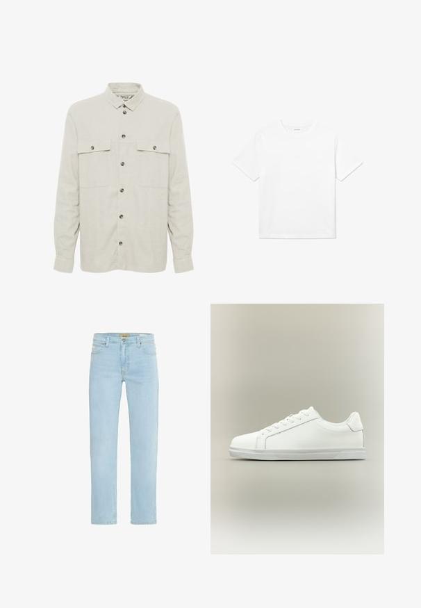 Solid SDALLAN OVERSHIRT LINEN MIX - Letná bunda - off white; Biela bavlnená tričko s krátkymi rukávmi, okrúhlym výstrihom a rovnou spodnou časťou. Hladká textúra bez viditeľných vzorov alebo akcentov.; Svetlomodré denimové džínsy so straight strihom, tradičným dizajnom s piatimi vreckami a mosadzným gombíkom a zipsom na prednej strane.; Nízke biele tenisky so šnurovaním vpredu a textúrovanou gumovou podrážkou na jednoduchom neutrálnom pozadí.