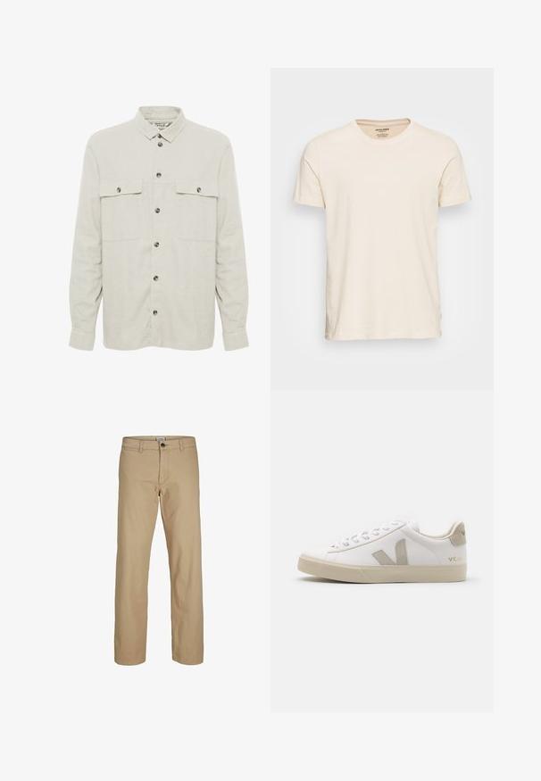 Solid SDALLAN OVERSHIRT LINEN MIX - Lichte jas - off white; Lichtbeige katoenen t-shirt met een klassieke ronde hals en korte mouwen. Beschikt over een subtiele textuur en een standaard pasvorm.; Beige rechte broek met knoopsluiting, ceintuurlussen en voorzakken, afgebeeld tegen een witte achtergrond.; Witte leren sneaker met beige accenten, platte rubberen zool, ronde neus en contrasterend logo aan de zijkant en achterkant. Vetersluiting.