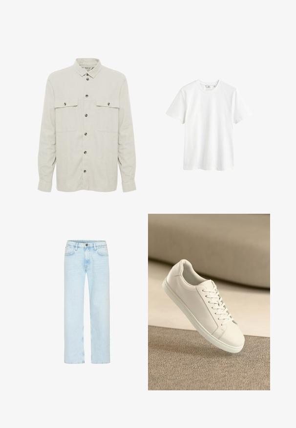 Solid SDALLAN OVERSHIRT LINEN MIX - Chaqueta fina - off white; Camiseta de algodón blanca con cuello redondo, mangas cortas y un corte relajado. Textura suave y sin patrones o acentos visibles.; Los jeans de denim azul claro cuentan con un diseño de pierna recta, con un cierre de botón clásico, cinco bolsillos y un ligero desgastado para aportar textura.; Zapatilla de cuero blanca con cordones blancos, exhibida sobre una superficie texturizada beige y un suave fondo desenfocado.