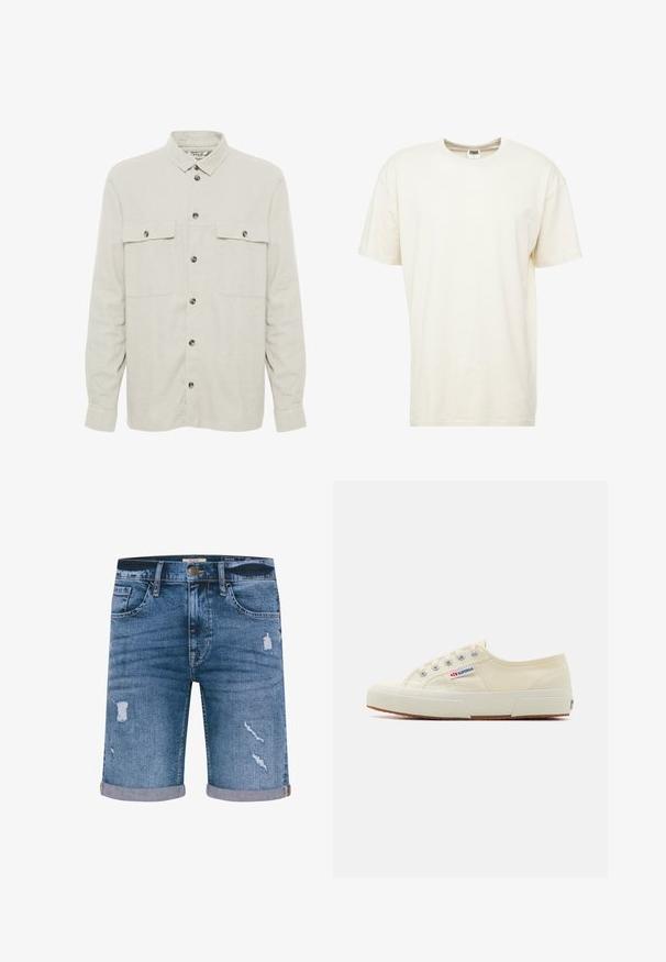 Solid SDALLAN OVERSHIRT LINEN MIX - Letná bunda - off white; Tričko s krátkym rukávom, okrúhlym výstrihom v svetlej krémovej farbe. Vyrobené z jemného bavlneného materiálu s voľným strihom a minimom švov.; Denim šortky strednej modrej farby s opotrebovaným vzhľadom, obtočenými okrajmi, piatimi vreckami a kovovým zapínaním na gombík. Štandardný strih.; Béžové plátené tenisky s nízkym profilom, kovovými očkami a gumovou podrážkou. Obsahujú textúrovaný vzor a detail loga na boku.