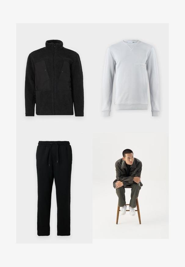 Must musta jope kõrge kaelusega, sujuvate esipaneelidega, tõmbluku taskutega ja tekstuurse kangaga soojuse tagamiseks.; Heled hall sweatshirt, puuvilla segu, ümar kaelus, ribatud detailid kraes ja varrukaotsades, esiküljel on broderitud tekst "SAN BERNARD CALIF.".; Mustad puuvillased spordipüksid elastse vöökoha, reguleeritava nööriga ja kitseneva jala disainiga. Sile tekstuur ja ilma nähtavate mustriteta.; Noor mees tumedas nahktakšis ja teksades istub puidust pingil, kaldub ette, käed rüpes, vaatab valgel taustal küljele.