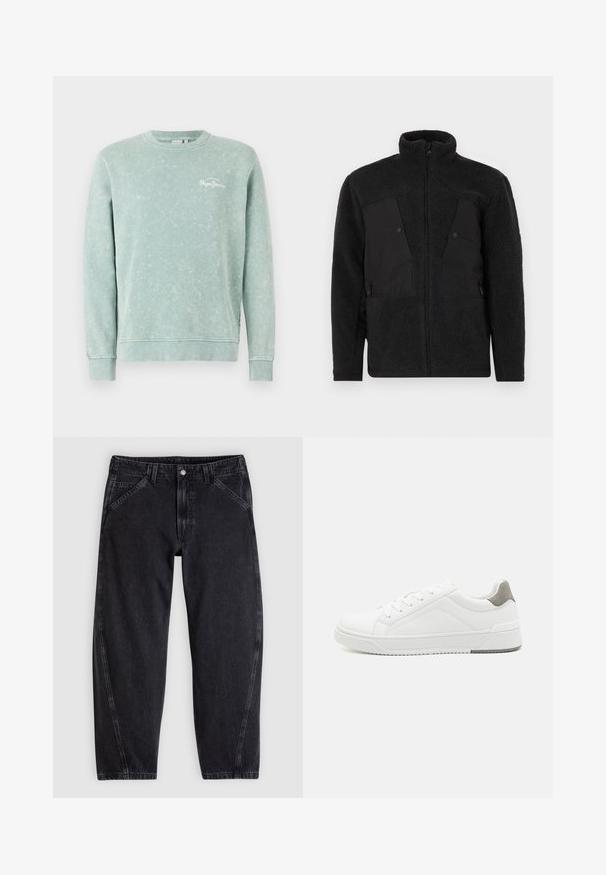 Must musta jope kõrge kaelusega, sujuvate esipaneelidega, tõmbluku taskutega ja tekstuurse kangaga soojuse tagamiseks.; Hele roheline sweatshirt pehmest kangast, ümara kaelusega, pikkade varrukatega, soonikkotidega ja väikese valge logoga rinnal.; Mustad lahtise lõikega teksariidest püksid, millel on tavaline vöökohariba, viie taskuga disain ja kontrastõmblused õmbluste ääres.; Valge tenniseking sileda nahaga, ümar varvas, minimalistlik disain, hall kand, ja tekstureeritud kummist tald.