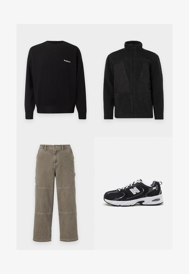 Sort fleecejakke med høj krave, der har glatte frontpaneler, lynlåslommer og et struktureret stof for varme.; Replay Inc. Sweatshirt - black; Bomulds cargobukser i dæmpet olivengrøn med brede ben, dobbelt-syede detaljer og sidelommer, med knaplukning og bæltestropper.; Sorte og grå sportssko med mesh og ruskind på overdelen, der har en hvid mellemsål, snørebånd og et iøjnefaldende "N" logo på siden.