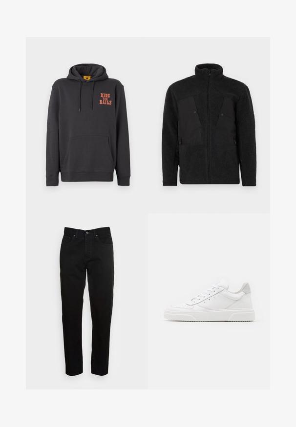 Schwarze Fleecejacke mit hohem Kragen, die glatte Vorderteile, mit Reißverschlüssen versehene Taschen und einen strukturierten Stoff für Wärme aufweist.; Grauer Hoodie mit einer Kängurutasche, Kapuze mit Kordelzug und orangefarbigem "RIDE THE RAILS"-Text auf der Brust. Weicher Stoff mit glatter Textur.; Schwarze Slim-Fit-Jeans mit vorderem Knopfverschluss und fünf Taschen-Design, vor einem schlichten hellgrauen Hintergrund präsentiert.; Weiße Leder-Sneaker mit glatter Oberfläche, rundem Zehenbereich, flachen Schnürsenkeln und strukturiertem Schuhsohlen. Graues Wildleder-Detail an der Ferse.