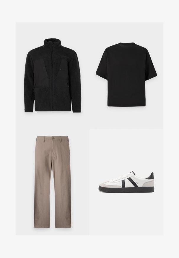 Chaqueta de forro polar negra con cuello alto, que presenta paneles frontales lisos, bolsillos con cremallera y una tela texturizada para mayor calidez.; Camiseta negra de manga corta en un corte holgado, hecha de algodón suave, con cuello redondo y un diseño minimalista.; Pantalones rectos color beige hechos de tela ligera con cierre de botón, que cuentan con bolsillos frontales y costuras limpias.; Zapatilla blanca con acentos en negro y gris, que presenta una puntera texturizada en gris, suela de goma negra y cordones planos blancos. Diseño limpio, estilo minimalista.