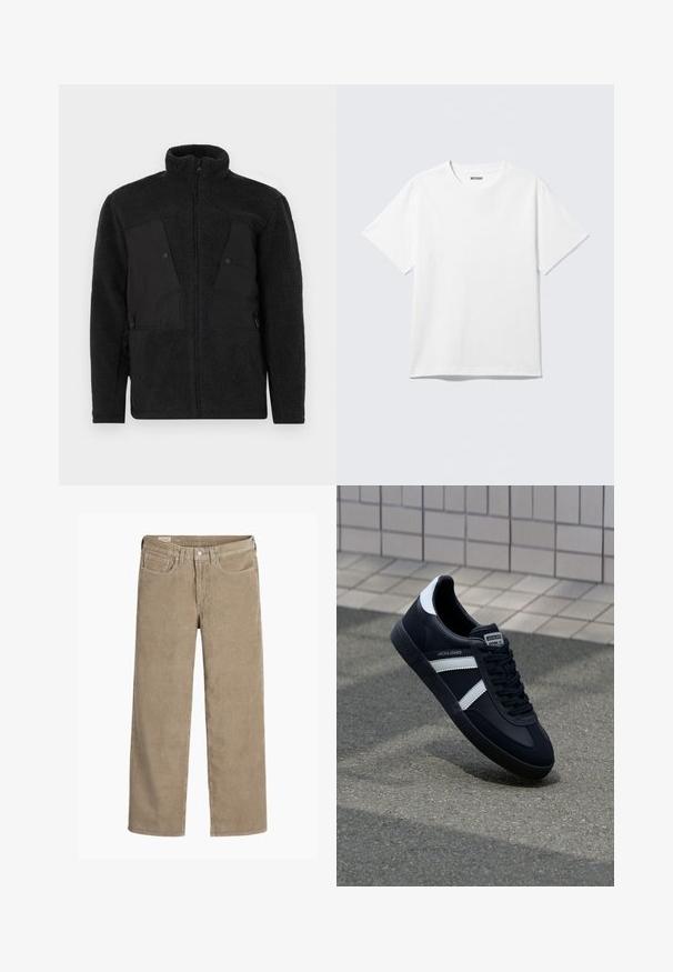 Zwarte fleecejack met een hoge kraag, voorzien van gladde voorpanelen, ritszakken en een gestructureerde stof voor warmte.; Witte T-shirt met korte mouwen en ronde hals, plat gelegd, effen ontwerp, met een "WEEKDAY" label in de kraag op een lichte achtergrond.; Lichtbruine corduroy broek in een wijd model, met een knoop- en ritssluiting, vijf zakken en een zachte, ribbeltextuur.; Zwarte leren sneaker met witte strepen, een gestructureerde rubberen zool en vetersluiting aan de voorkant. Voorzien van een merklabel op de tong.