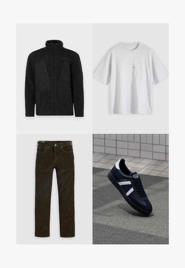 Schwarze Fleecejacke mit hohem Kragen, die glatte Vorderteile, mit Reißverschlüssen versehene Taschen und einen strukturierten Stoff für Wärme aufweist.; Hellgraues T-Shirt mit kurzen Ärmeln, Rundhalsausschnitt und einer kleinen Brusttasche auf der linken Seite mit rotem Etikett.; Braune Cordhosen mit geradem Bein, fünf Taschen, sichtbaren Nähten und einer strukturierten Stoffoberfläche. Metallknopfverschluss hinten.; Schwarze Leder-Sneaker mit weißen Streifen, strukturiertem Gummisohle und Schnürung. Verfügt über ein Markenetikett auf der Zunge.