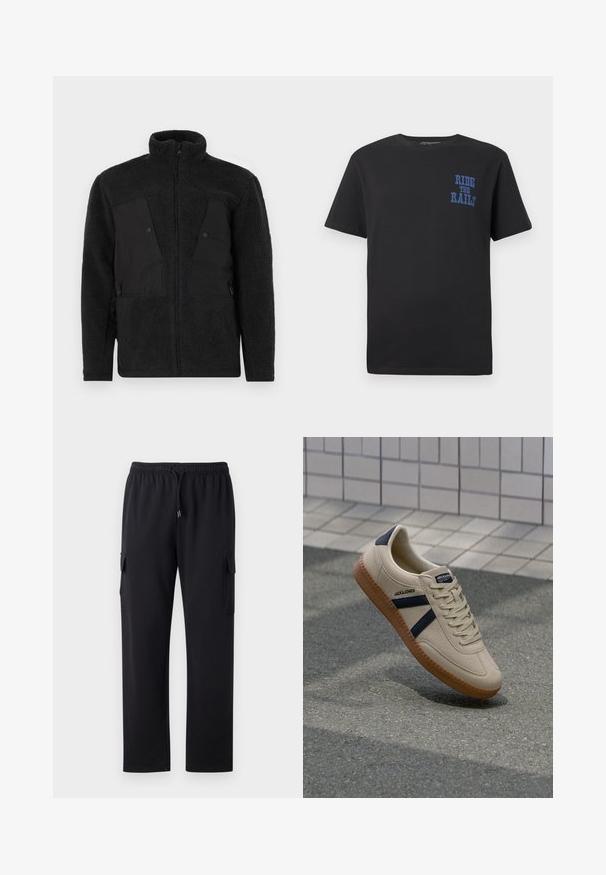 Veste en polaire noire avec un col haut, présentant des panneaux avant lisses, des poches zippées et un tissu texturé pour la chaleur.; T-shirt en coton noir à manches courtes avec le texte bleu "RIDE THE RAILS" sur la partie gauche de la poitrine. Col rond et coupe standard.; Pantalons cargo noirs avec une coupe décontractée, une taille élastique et un cordon de serrage. Comprend deux poches latérales pour le rangement. Texture de tissu douce.; Baskets beiges avec une finition texturée, bandes navy et semelle en caoutchouc. Équipées d'une languette rembourrée et d'un système de laçage traditionnel pour un maintien sécurisé.