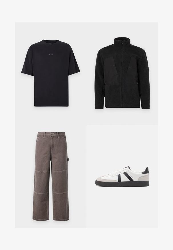 Schwarze Fleecejacke mit hohem Kragen, die glatte Vorderteile, mit Reißverschlüssen versehene Taschen und einen strukturierten Stoff für Wärme aufweist.; Oakley RISE TEE - T-Shirt basic - blackout; Weite Hosen in einem verblassten Braunton, aus strapazierfähigem Stoff mit kontrastierenden Nähten. Mit Paneeldetails und einer Seitentasche.; Weiße Sneaker mit schwarz- und grau-aczenten, ausgestattet mit einer strukturierten grauen Zehenkappe, schwarzer Gummi-Sohle und flachen weißen Schnürsenkeln. Sauberes Design, minimalistische Stil.