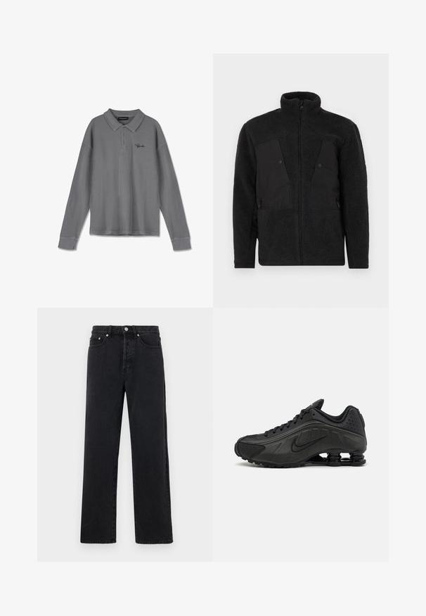 Sort fleecejakke med høj krave, der har glatte frontpaneler, lynlåslommer og et struktureret stof for varme.; Langærmet polo shirt i stribet gråt stof. Har en krave, tre-knaps placket og subtil sort branding på brystet.; Sorte denim straight-leg jeans med høj talje, fem lommer og metalknaplukning. Stof har en glat tekstur og let glans.; Sorte løbesko med en glat syntetisk overdel, perforerede detaljer, teksturerede sidedele og en distinkt fjedrende sål.