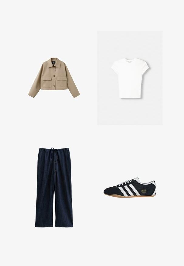 Beige cropped jas met brede kraag, drie knopen aan de voorkant en twee grote klepzakken op een witte achtergrond.; Witte t-shirt met korte mouwen van zachte katoen, met een ronde halslijn en een getailleerde vorm. Geen zichtbare patronen of versieringen.; Donkerdenim broek met wijde pijpen en een trekkoord in de taille, voorzien van twee voorkezen en een gladde, stevige textuur.; Zwarte suède sneaker met witte drie strepen, gouden logo en een bruine rubberen zool. Heeft een laag profiel vetersluiting ontwerp.