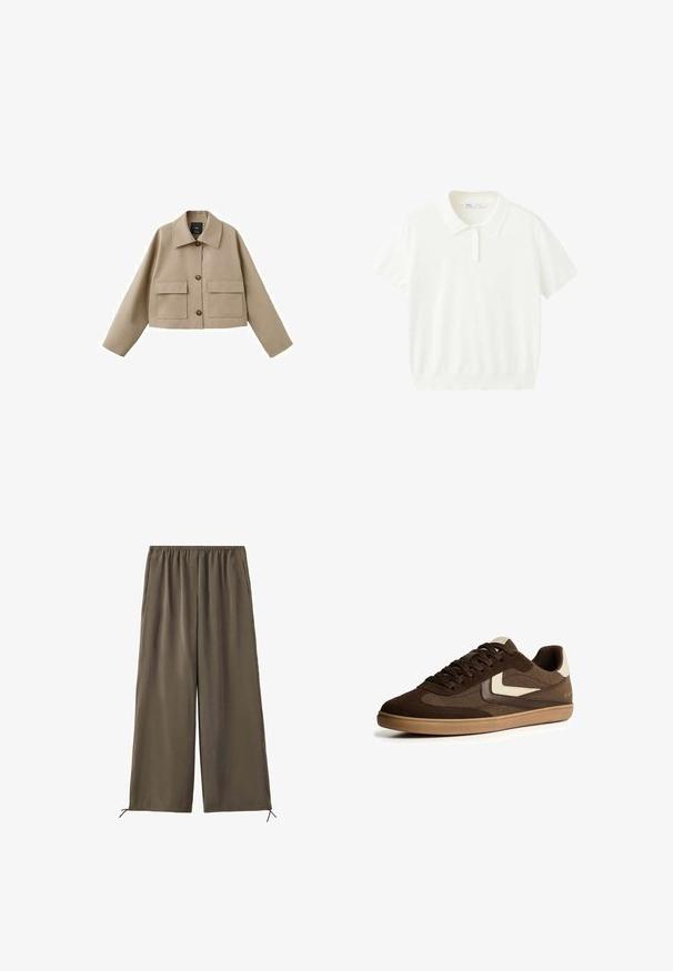 Veste beige raccourcie avec col large, trois boutons sur le devant et deux grandes poches à rabat sur fond blanc.; Polo blanc à manches courtes avec col et trois boutons sur le devant, design simple, en tissu doux.; Pantalon vert olive ample avec taille élastique et cordons au bas, présenté à plat sur fond blanc.; Baskets basses en suédine et tissu marron avec des accents beiges, semelle en caoutchouc, fermeture à lacets et design minimaliste sur fond blanc.