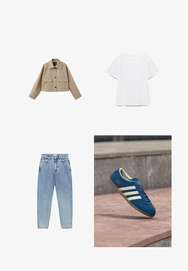 Beige cropped jas met brede kraag, drie knopen aan de voorkant en twee grote klepzakken op een witte achtergrond.; Effen wit T-shirt met korte mouwen en ronde hals, met een rechte zoom, gepresenteerd tegen een witte achtergrond.; Lichtblauwe denim jeans met een hoge taille, een rechte pijpdesign en contrasterende stiksels. Bevat voor- en achterzakken en een knoopsluiting.; Blauwe suède sneaker met crèmekleurige strepen en veters, zool van gumrubber, gestructureerd oppervlak, afgeronde neus en merkopdruk aan de zijkant.