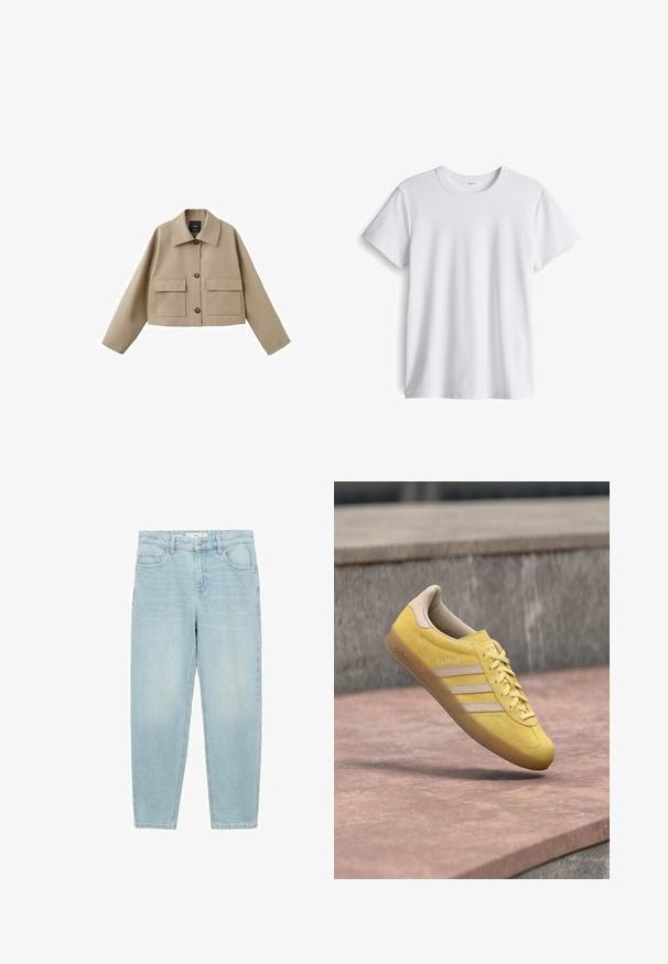 Beige cropped jas met brede kraag, drie knopen aan de voorkant en twee grote klepzakken op een witte achtergrond.; Witte katoenen t-shirt met een ronde halslijn en korte mouwen. Zachte textuur, rechte snit, geen zichtbare logo's of patronen.; Lichtblauwe denim jeans met een recht model, vijf-pocket ontwerp, knopen sluiting aan de voorkant en een licht vervaagde textuur.; Gele suède sneaker met een ronde neus, veterfront en drie beige strepen aan de zijkant. Heeft een contrasterende beige hiel en een gewatteerde binnenkant.