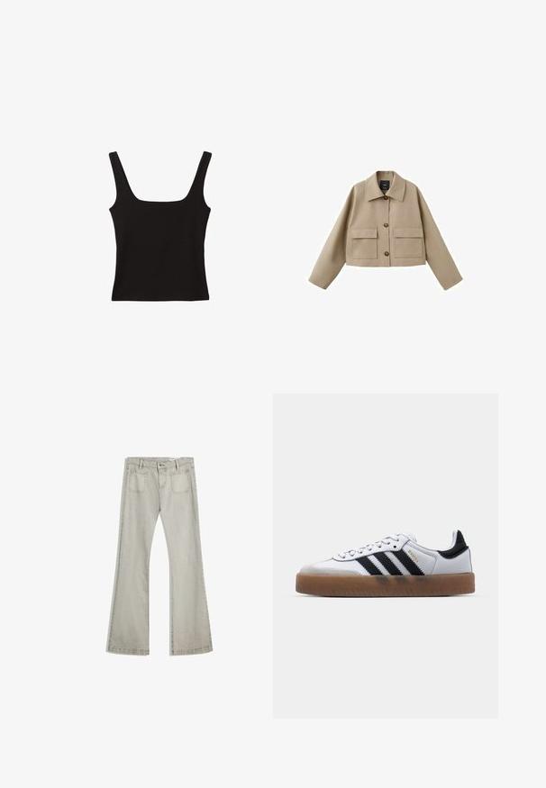 Beige cropped jakke med bred krave, tre knapper foran og to store klaplommer på hvid baggrund.; Sort tanktop med firkantet udskæring, lavet af glat bomuldsstof, med brede stropper og en tætsiddende silhuet.; Udvidede jeans i lys grå denim, med knaplukning, fem lommer og subtile stikninger langs sømmene.; Hvide lædersneakers med sorte striber, gummirubber sål, rund tå, snørelukning og blød grå ruskinds tåhætte.