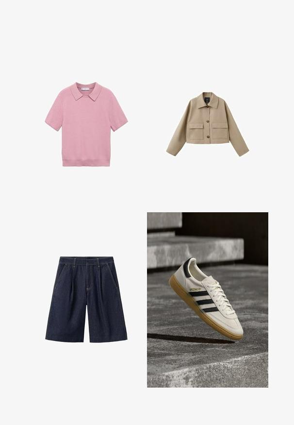Chaqueta corta beige con cuello ancho, tres botones delanteros y dos grandes bolsillos de solapa sobre un fondo blanco.; Top de punto de manga corta en color rosa con textura acanalada, que presenta un cuello clásico y un corte recto. Tejido suave con un acabado liso.; Pantalones cortos de mezclilla azul oscuro hasta la rodilla con bolsillos delanteros y trabillas para cinturón, con detalles visibles de costuras amarillas.; Zapatilla blanca Adidas Spezial con rayas negras y suela de goma flotando sobre escalones de piedra grises al aire libre.