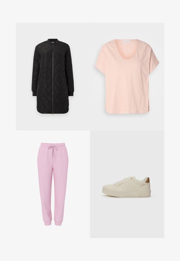 Zwarte gewatteerde jas met een lange snit, geribbelde manchetten en een ritssluiting aan de voorkant. Het materiaal heeft een gladde textuur en een ruitpatroon.; Lichtroze t-shirt met korte mouwen en een V-hals, voorzien van zijsplitten. Gemaakt van zacht, gestructureerd materiaal. Merklabel zichtbaar bij de halslijn.; Lichtroze joggingsbroek met elastische tailleband, trekkoord, zijzakken en elastische boorden, afgebeeld op een witte achtergrond.; Crème-kleurige sneakers met een platte, gestructureerde zool, ronde neuspunt en dunne veters; heeft minimale perforaties en een tan accent op de hiel.