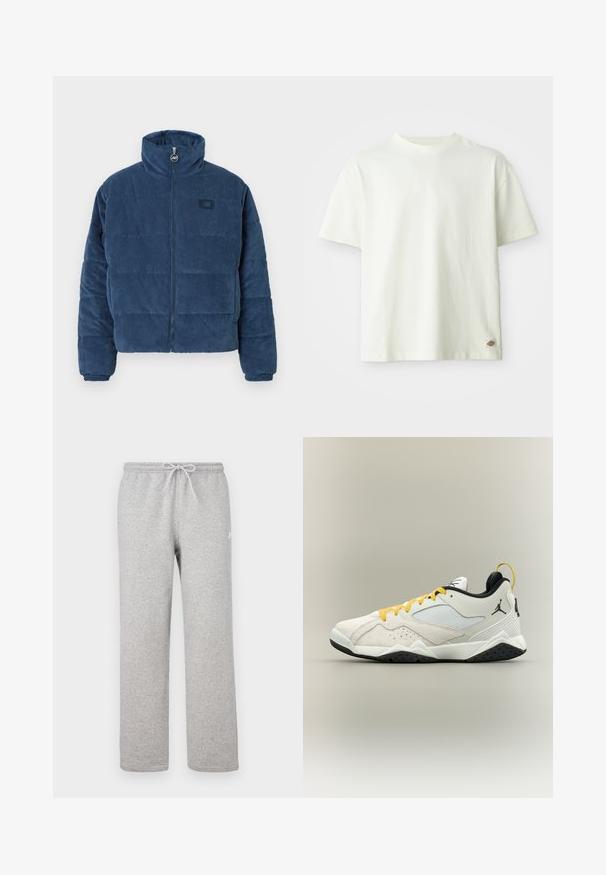 Vaatteellinen pullover-takki tummansinisestä sametista, jossa on korkea kaulus, vetoketjusuljenta ja pieni logo-ompelu rintaan. Rakeinen pinta.; Valkoinen puuvillapaita, jossa on pyöreä kaula-aukko, lyhyet hihat ja rento malli. Paidan alareunassa pieni logo-etiketti. Sujuva pinta.; Harmaat collegehousut, joissa on joustava vyötärönauha ja kiristysnyöri. Pehmeästä kankaasta valmistetut housut, joissa on suorat lahkeet ja hillitty logodetalji.; Matala valkoinen ja beige koripallokenkä keltaisilla nauhoilla, mustilla yksityiskohdilla, verkkopaneeleilla sivuilla ja mustalla Jumpman-logolla kannassa.